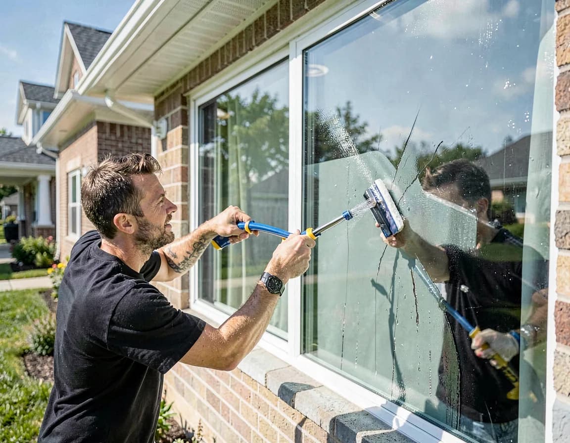 Professional window cleaner squeegeeing a residential window to a streak-free shine