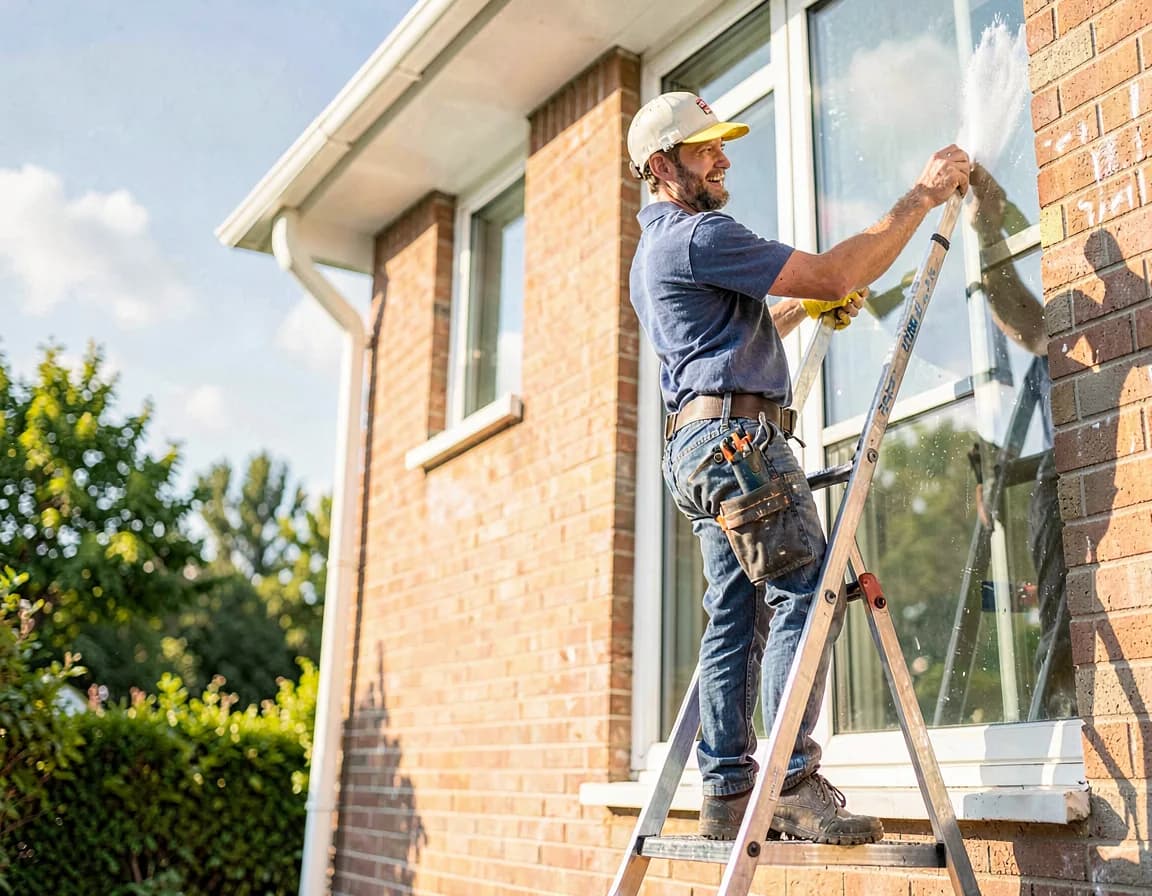 Window cleaner on a ladder cleaning second-story home windows
